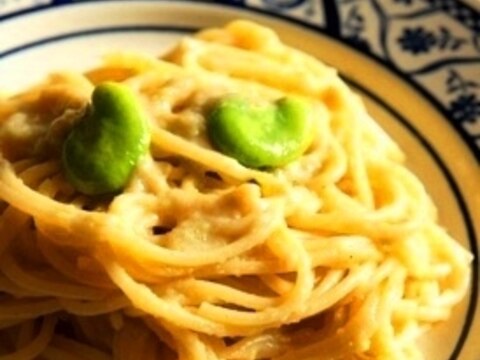 春色パスタ完成、そら豆のたらこ豆乳クリームパスタ